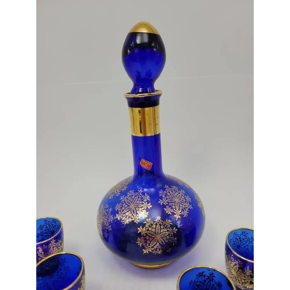 Vintage Cobalt Blue Glass Decanter Set Gold Floral Cordial Liqueur Shot Glasses